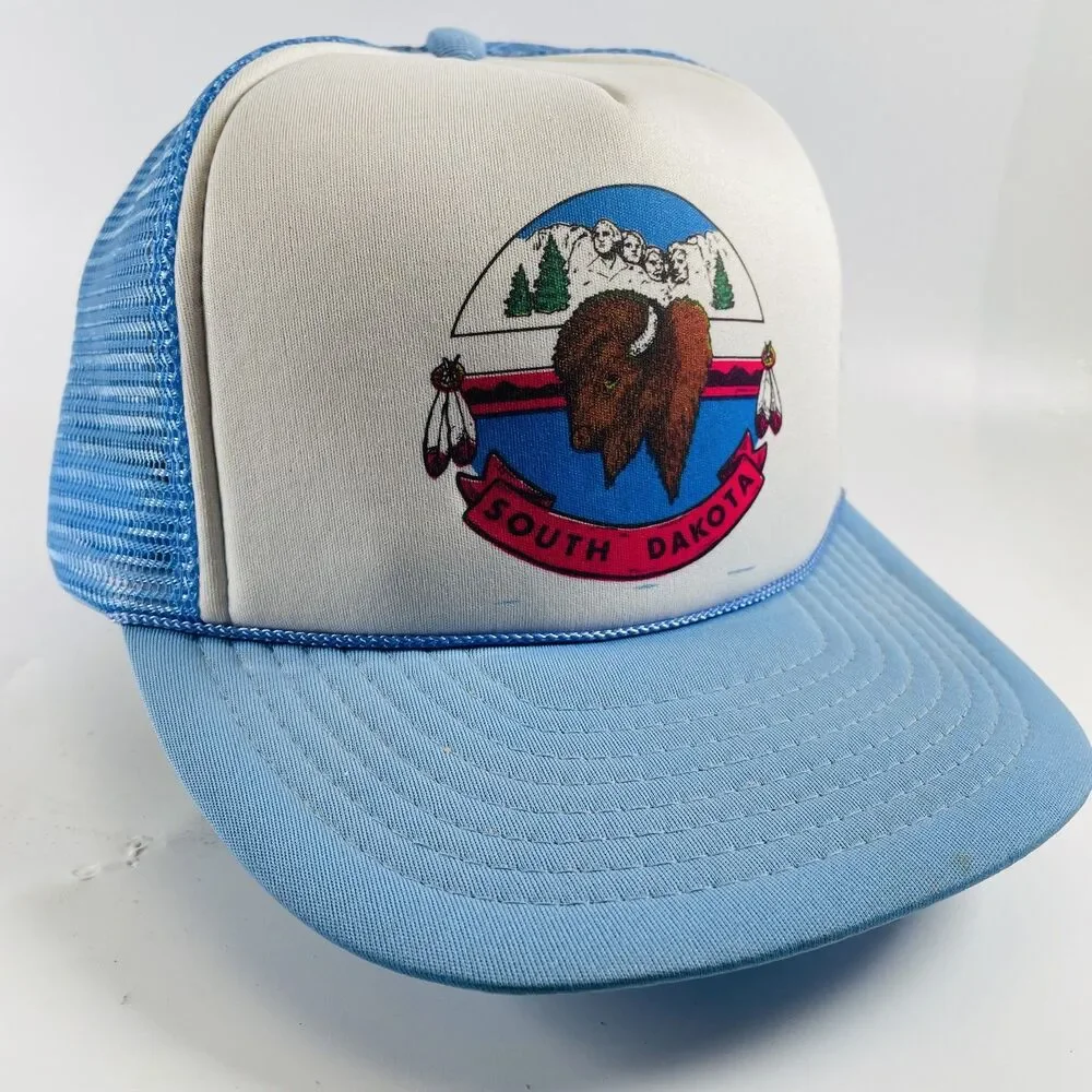 South Dakota Bison Mt Rushmore Vintage Trucker Hat Snapback Mesh One Size Blue